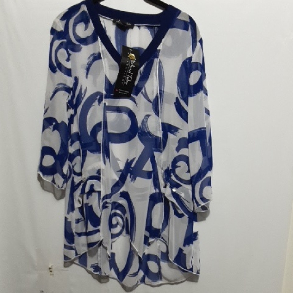 MICHAEL‎ TYLER Sheer Blue and White Sheer Women's STop